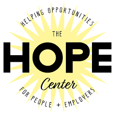 The HOPE Center logo with a yellow sunburst and text for helping opportunities for people + employers