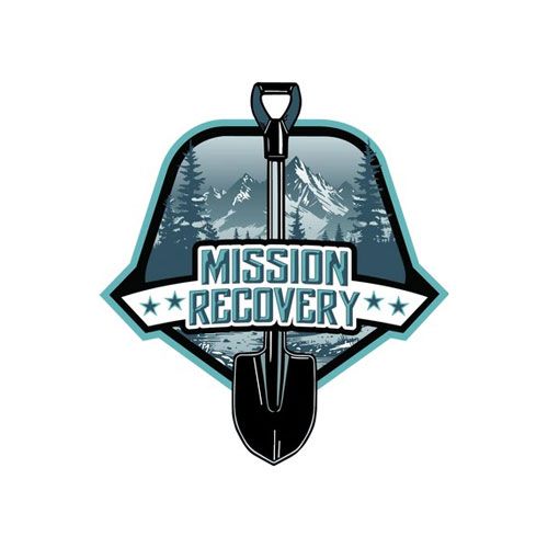 “Mission Recovery” logo with shovel icon and teal mountain background
