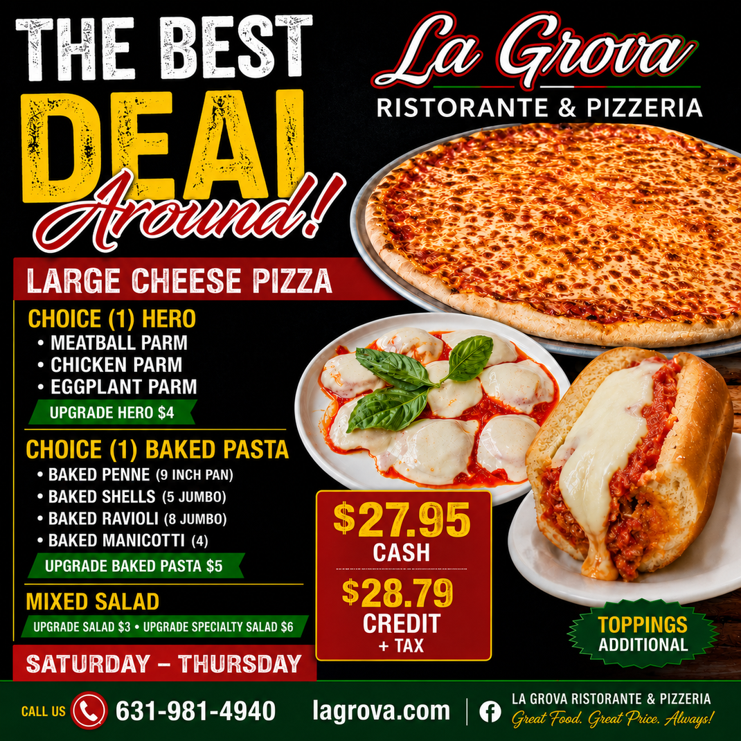 La Grotta Ristorante Italian menu poster with salads, appetizers, entrées, and fresh pasta dishes