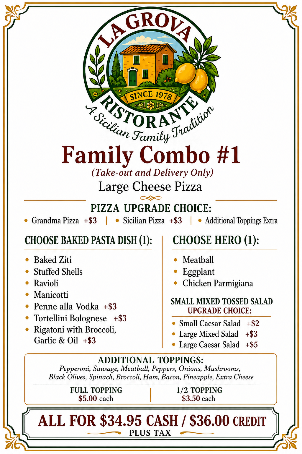 La Grova restaurant flyer for Family Combo #1 pizza with menu choices and cash/credit prices