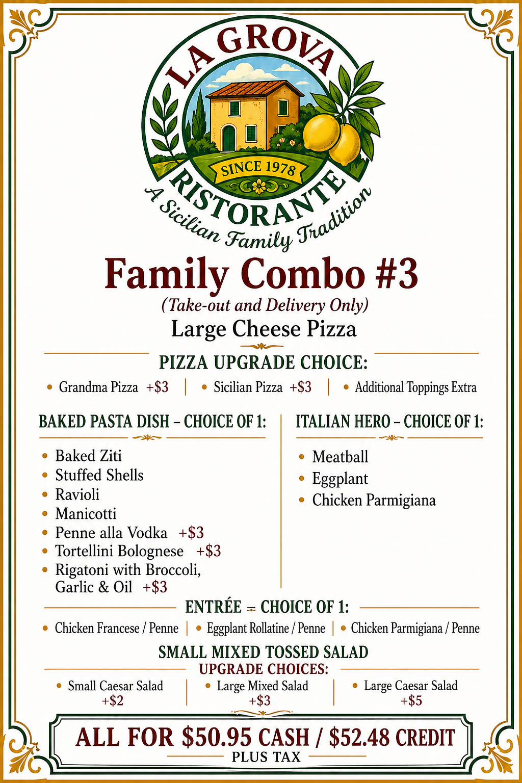 La Grova Restaurant Family Combo #3 menu flyer with pizza, pasta, and wings specials