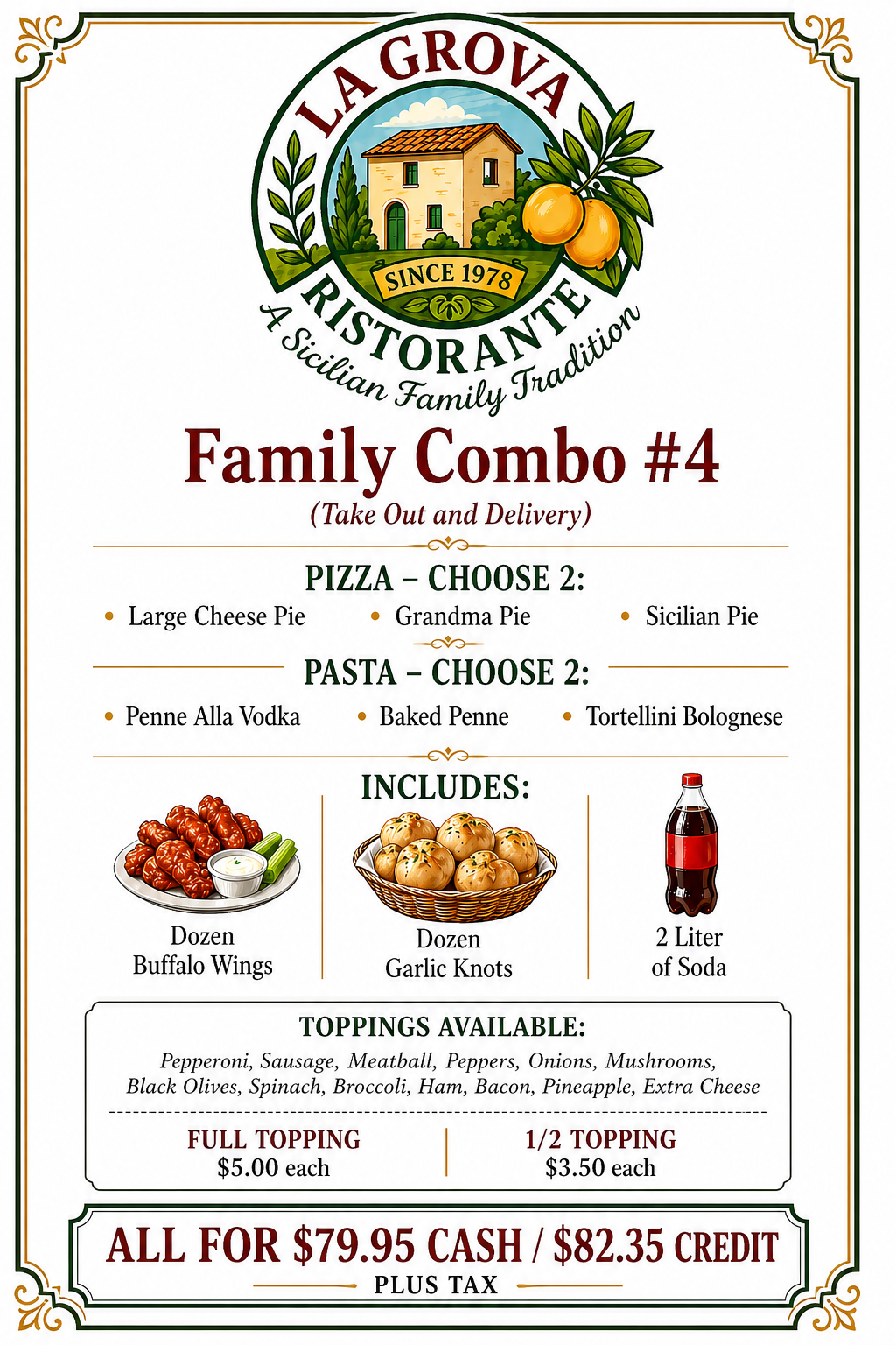 La Grova Pizzeria Family Combo #4 menu flyer with pizza, pasta, and drink options