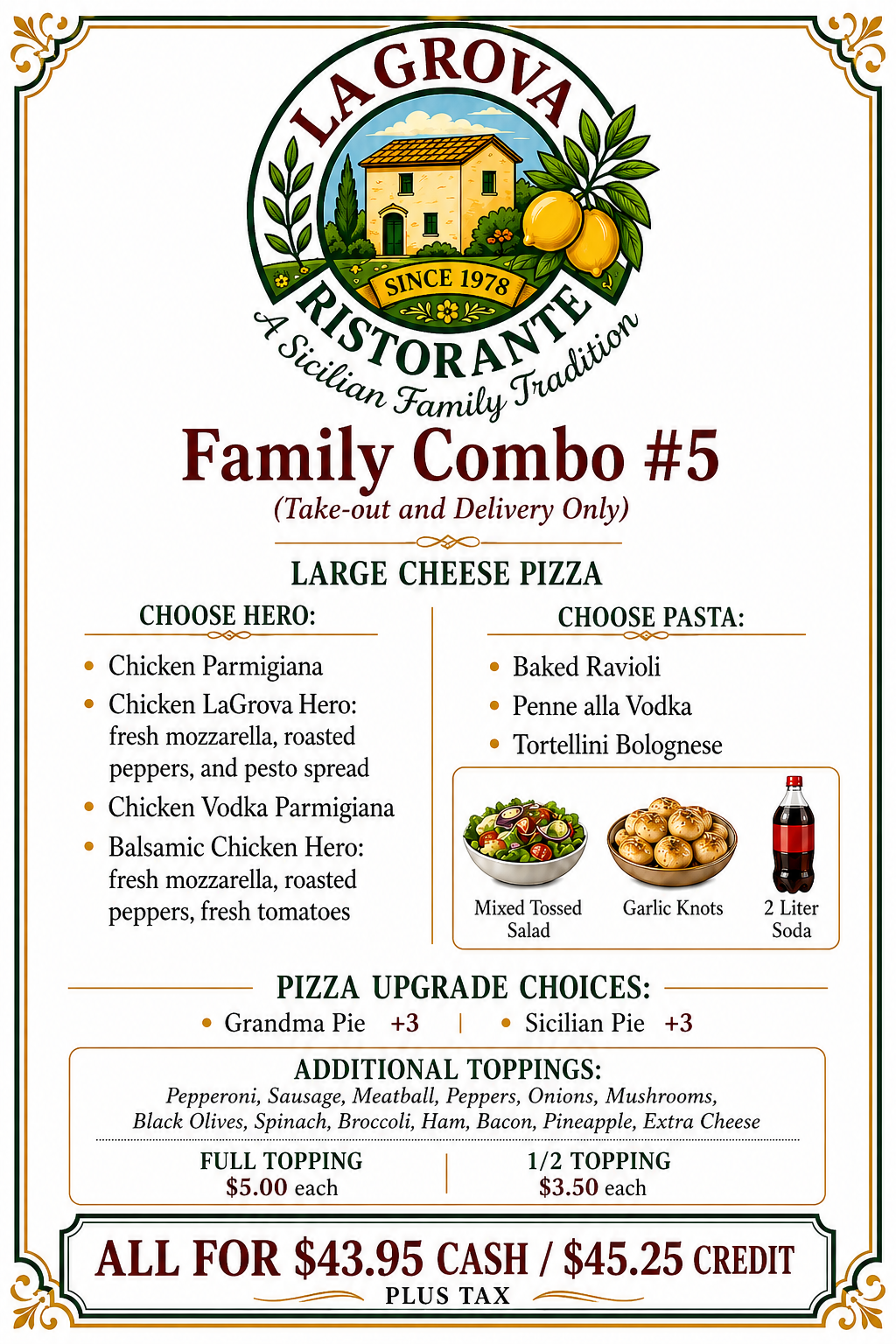 La Grova Italian restaurant menu for “Family Combo #5” with large cheese pizza, salad, wings, and soda