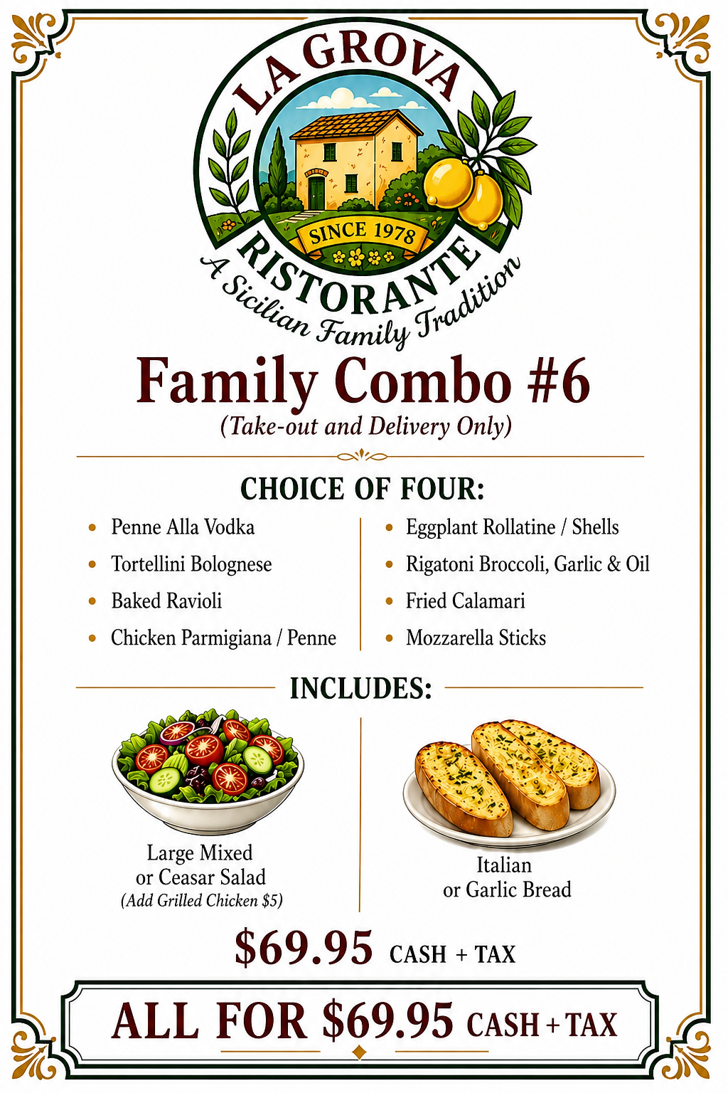 La Grova Restaurant family combo #6 menu flyer with food photos and prices
