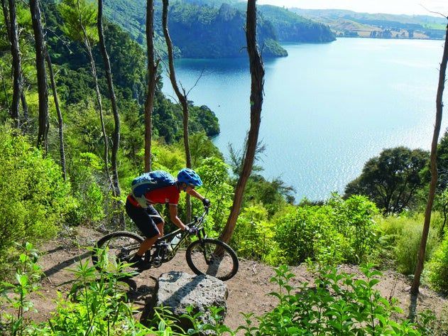 A person is riding a bike on a trail next to a lake.