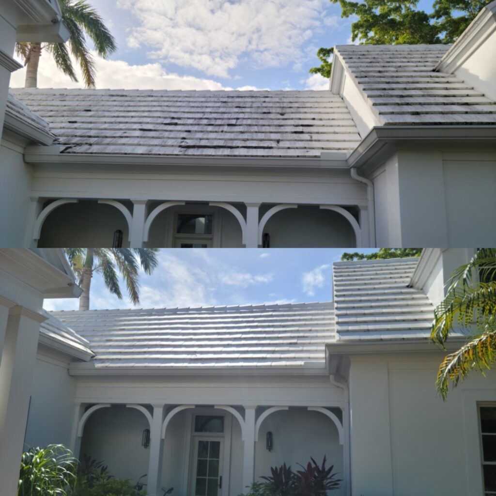 Comparison of a white roof before and after cleaning; the