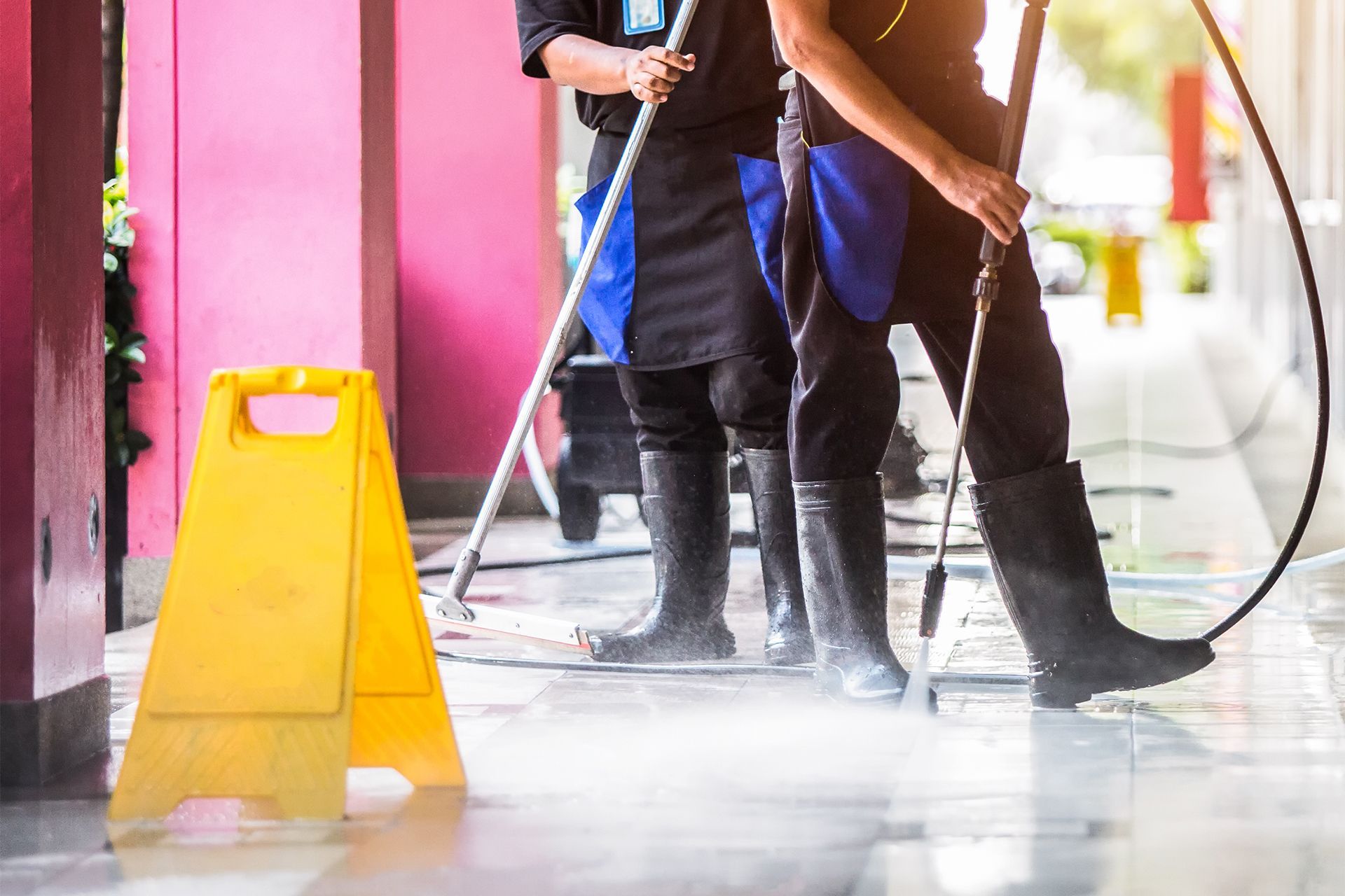 Two people power washing a commercial building exterior. Two people power washing a commercial building exterior.