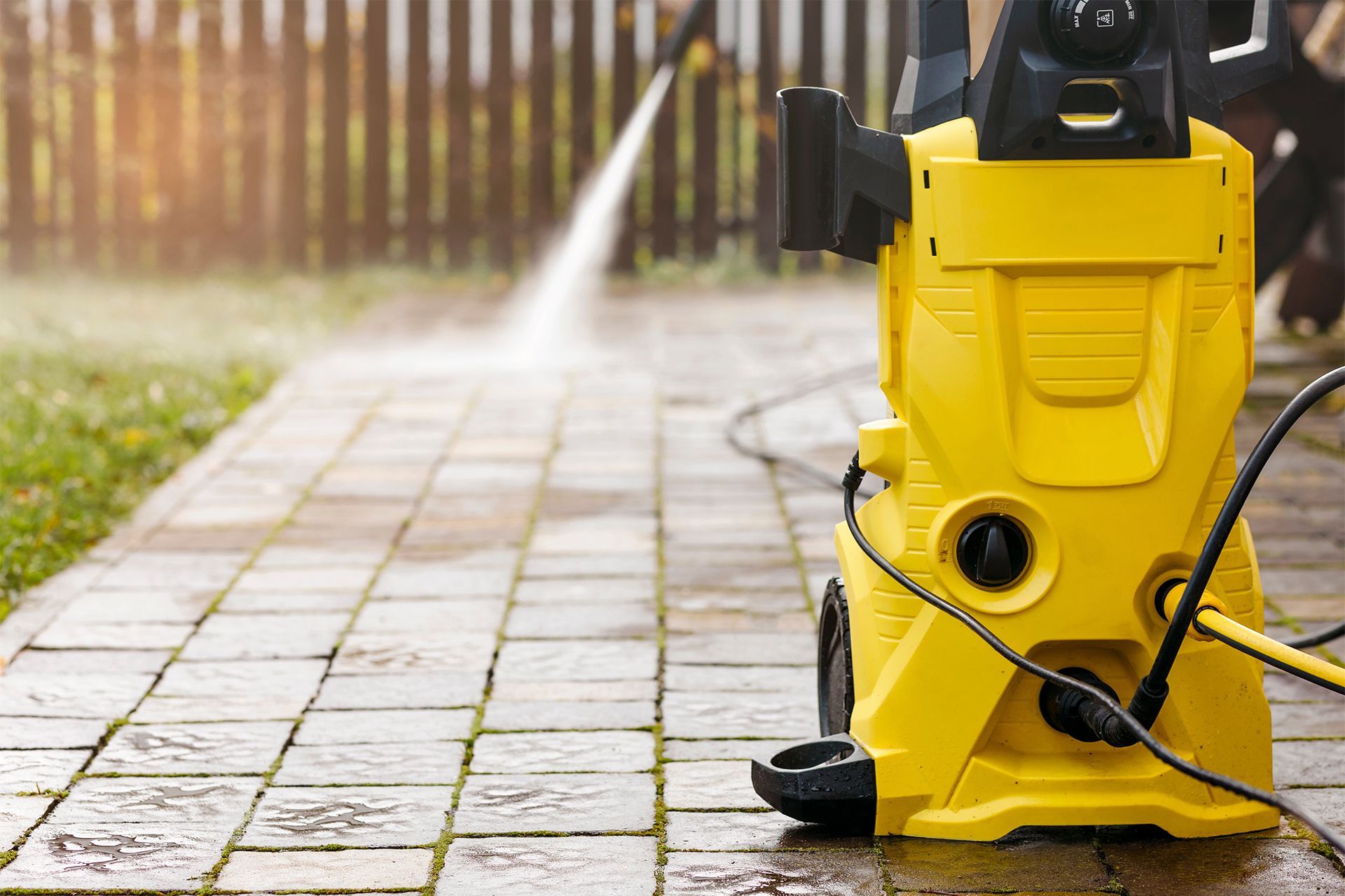 Yellow pressure washer cleaning a brick patio outdoors. Yellow pressure washer cleaning a brick patio outdoors.