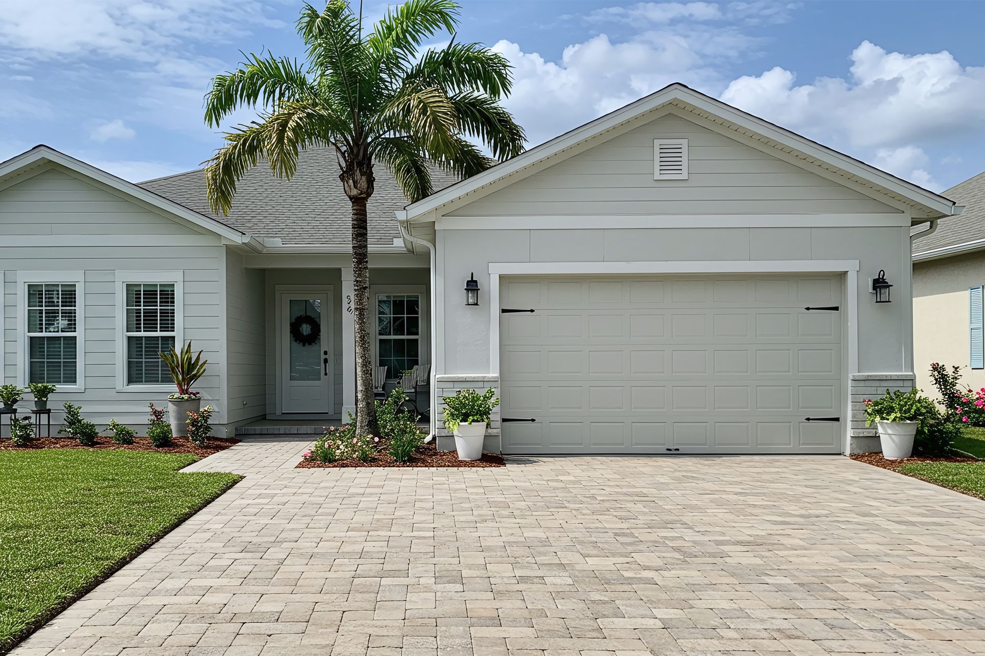 Light blue house with brick driveway, palm tree, and a two-car garage. Light blue house with brick driveway, palm tree, and a two-car garage.