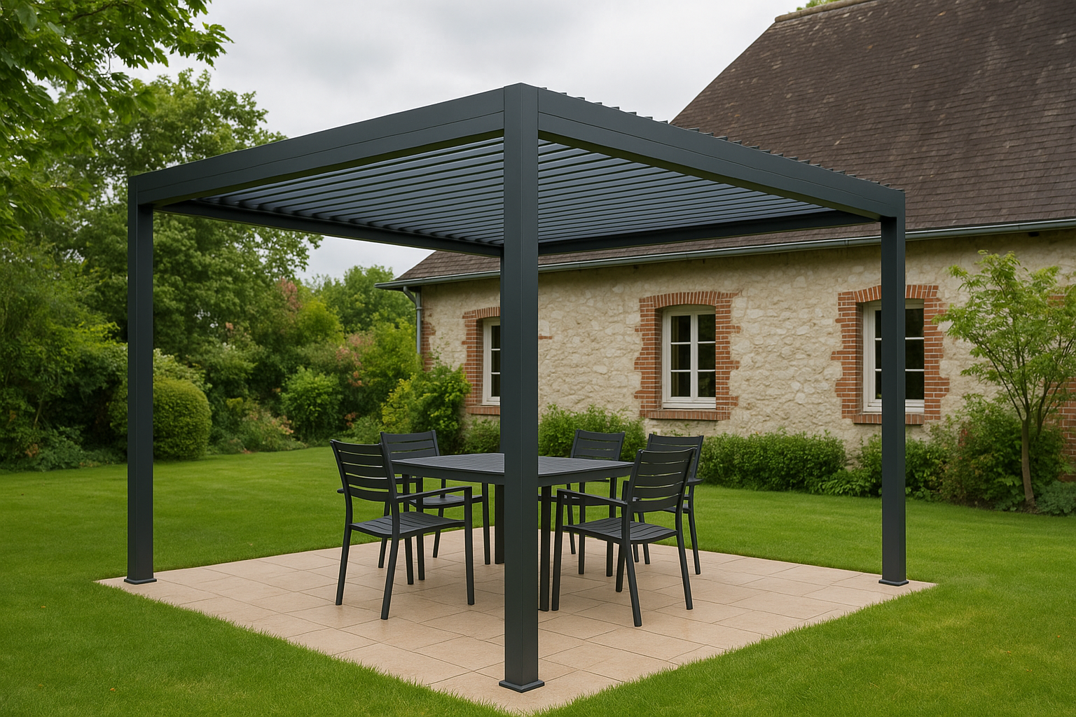 Une pergola bioclimatique grise au-dessus d'un ensemble de salle à manger sur un tapis de gravier, dans une cour herbeuse