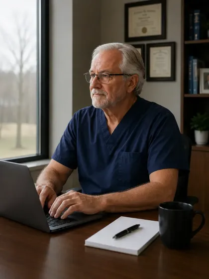 Veterinary practice owner at desk