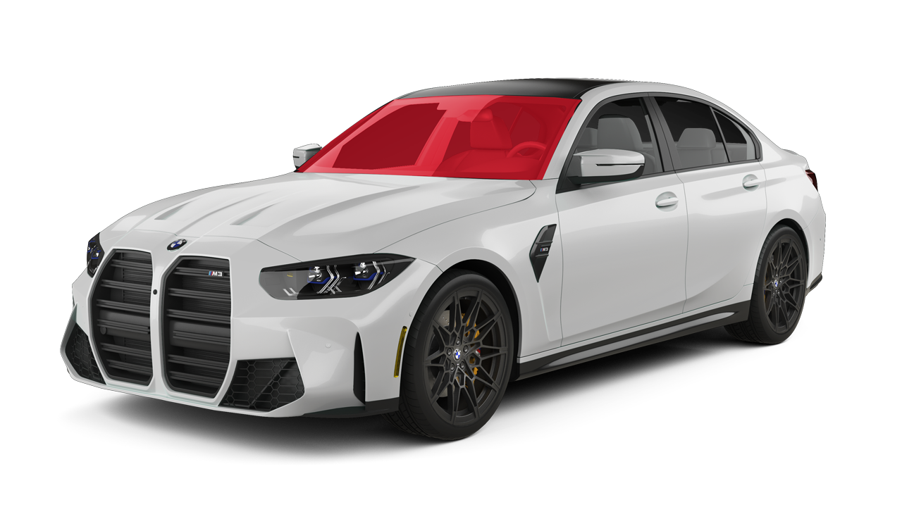 A white bmw m3 with a red windshield on a white background.