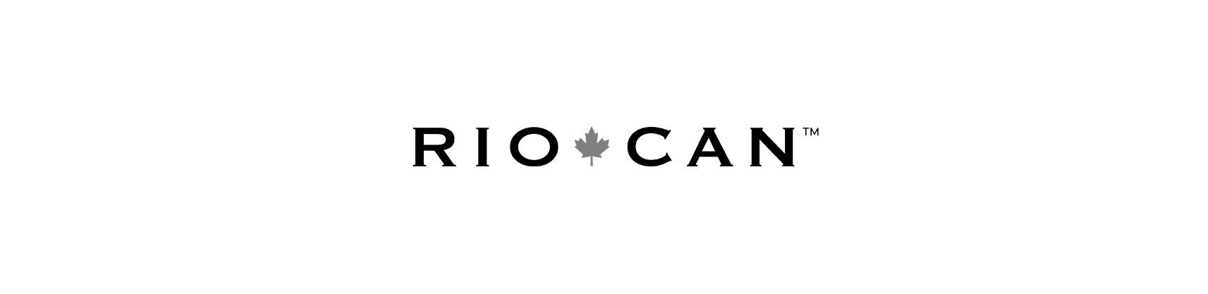A black and white logo for rio can on a white background.