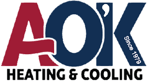 AOK Heating & Cooling logo: Red A, blue O with comma, blue K, and "Since 1978" text.