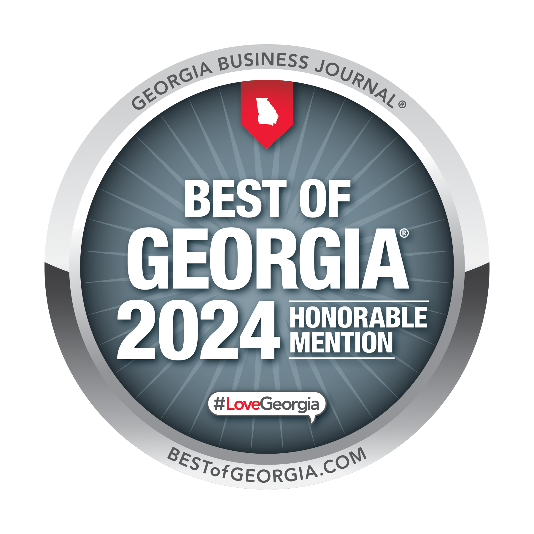 Best of Georgia 2024 Honorable Mention award seal. Silver ring with a Georgia outline, radiating blue light, and white text.