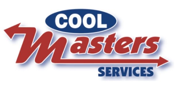 Logo for Cool Masters Services. Red text with a blue oval above. Includes an arrow.