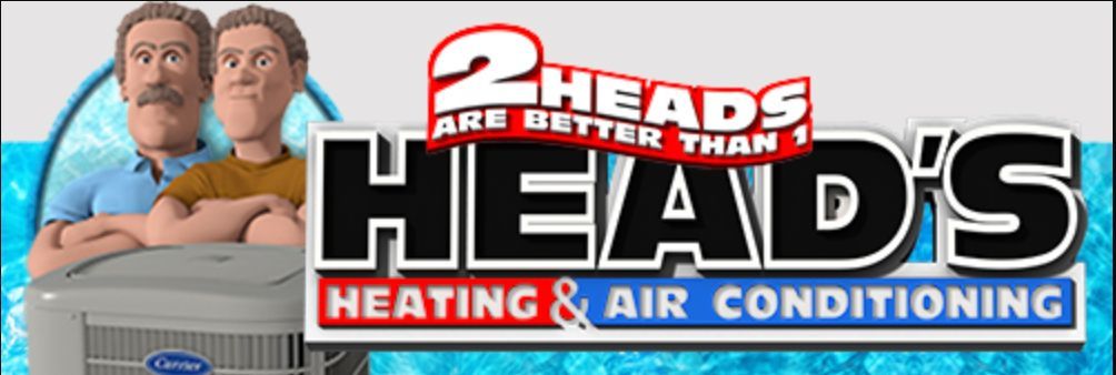 Two animated men with a heating unit, company logo "2 HEAD'S Heating & Air Conditioning".
