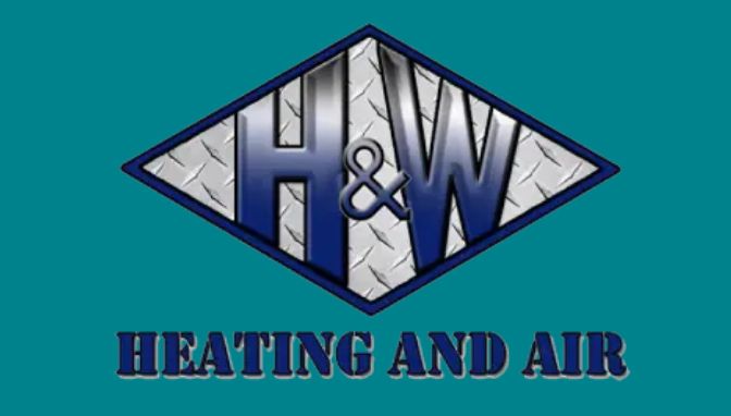 H&W Heating and Air logo: Diamond shape with "H&W" in blue, over a teal background.