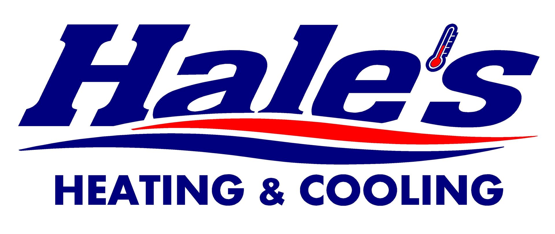 Hale's Heating & Cooling logo. Blue text and swoosh with a red stripe and thermometer icon.
