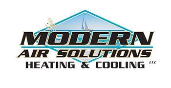 Logo for Modern Air Solutions: black text on teal and white diamond, sailboat illustration, Heating & Cooling.