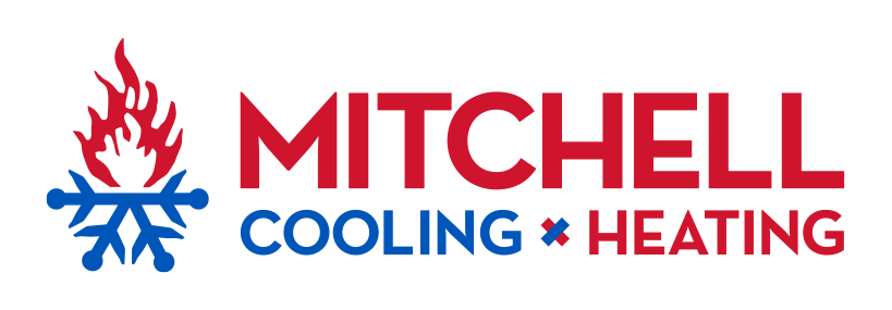Mitchell Cooling & Heating logo with flame over snowflake, red and blue.