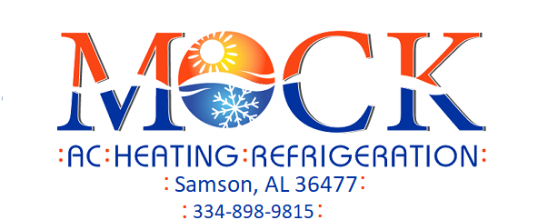 Logo for Mock AC, Heating, Refrigeration. Includes a sun, waves, a snowflake, and contact information.