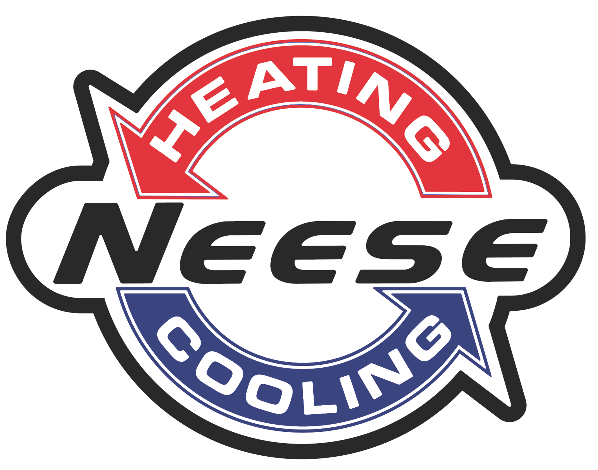 Logo for Neese Heating and Cooling. Red arrow for "Heating", blue arrow for "Cooling". Black text.