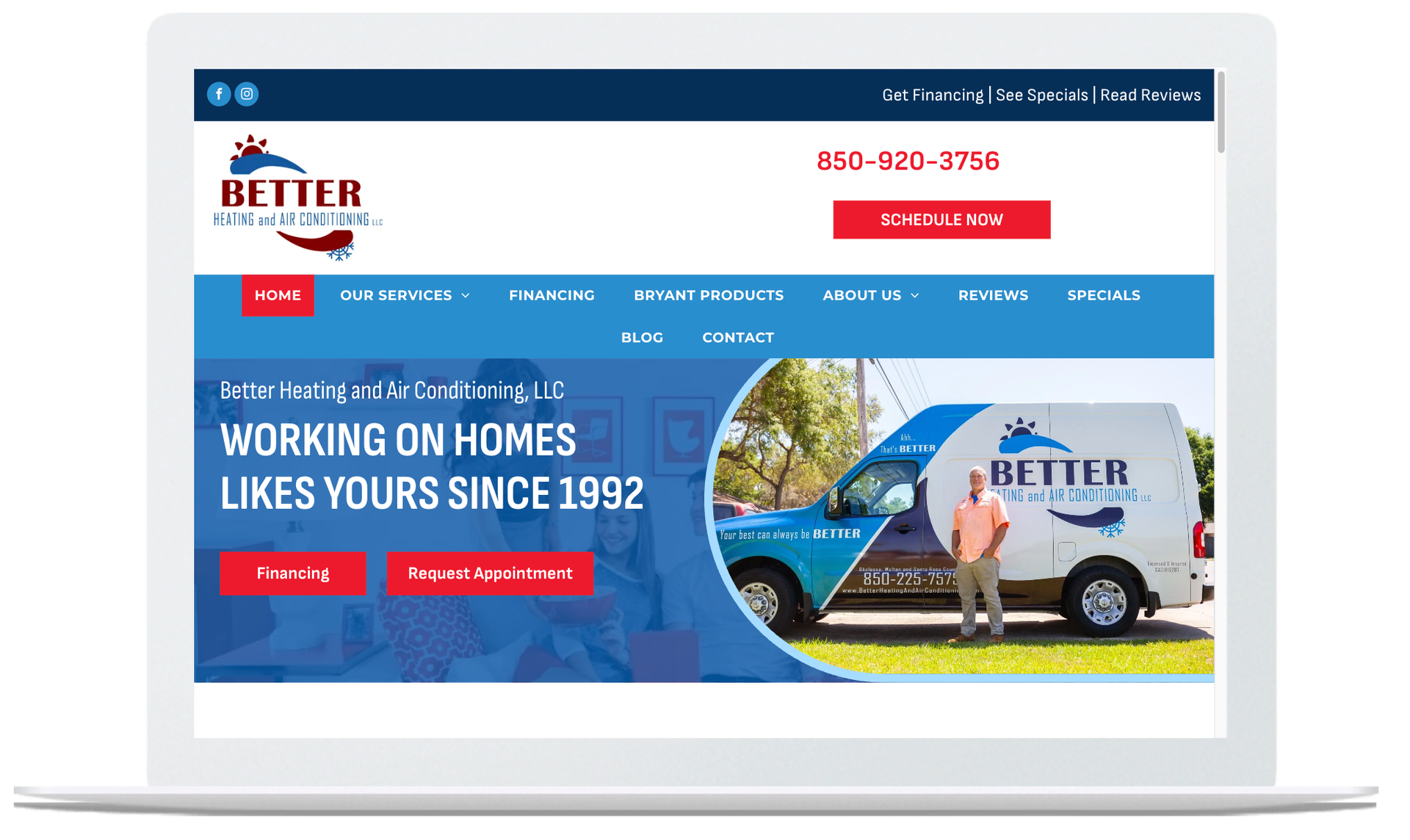 Laptop displaying the Better Roof and Home website with logo and van image, blue and red color scheme.