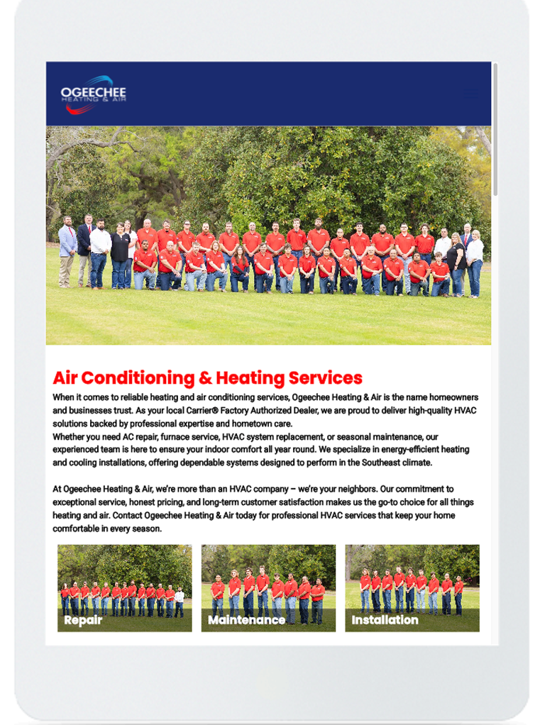 Team photo of heating and air conditioning company in red shirts.