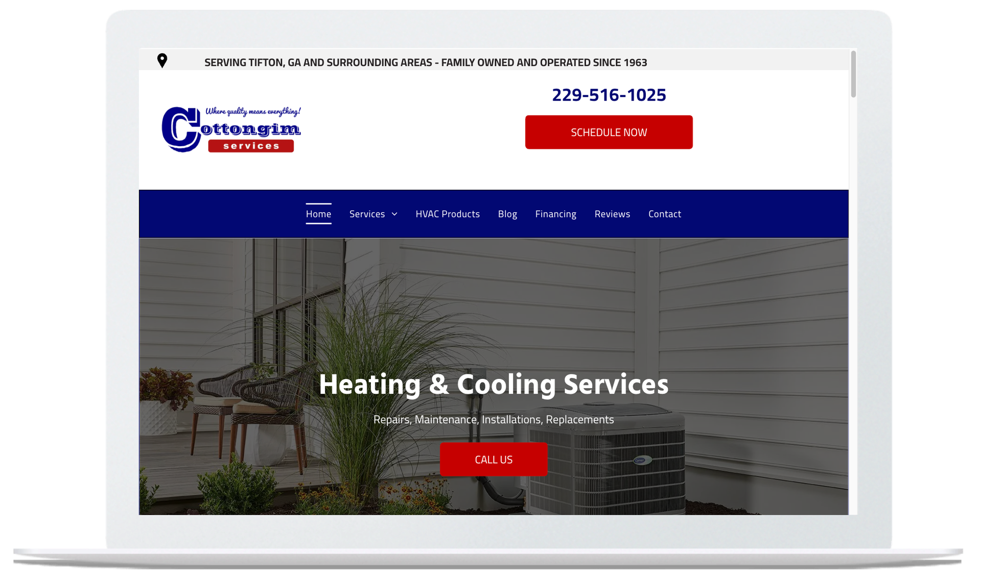 Laptop displaying a website for Chattanooga Heating & Cooling, with a photo of a home exterior and an HVAC unit.