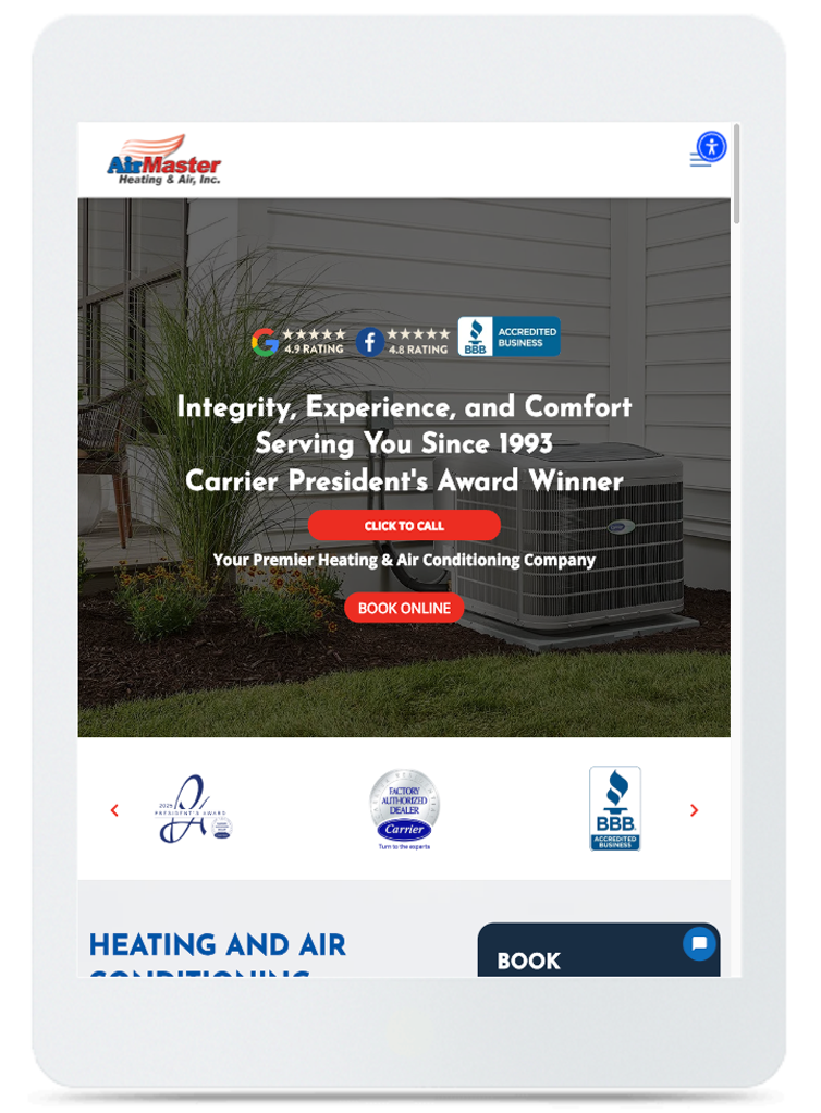 AirMaster HVAC website. Text: Integrity, Experience, and Comfort. Carrier President's Award Winner. Book heating & air.