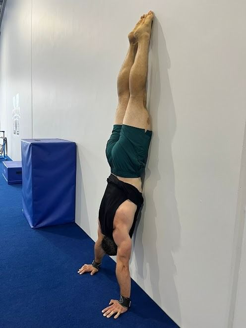 A Man Is Doing A Handstand Against A Wall In A Gym — Gold Medal Gymnastics In Molendinar, QLD