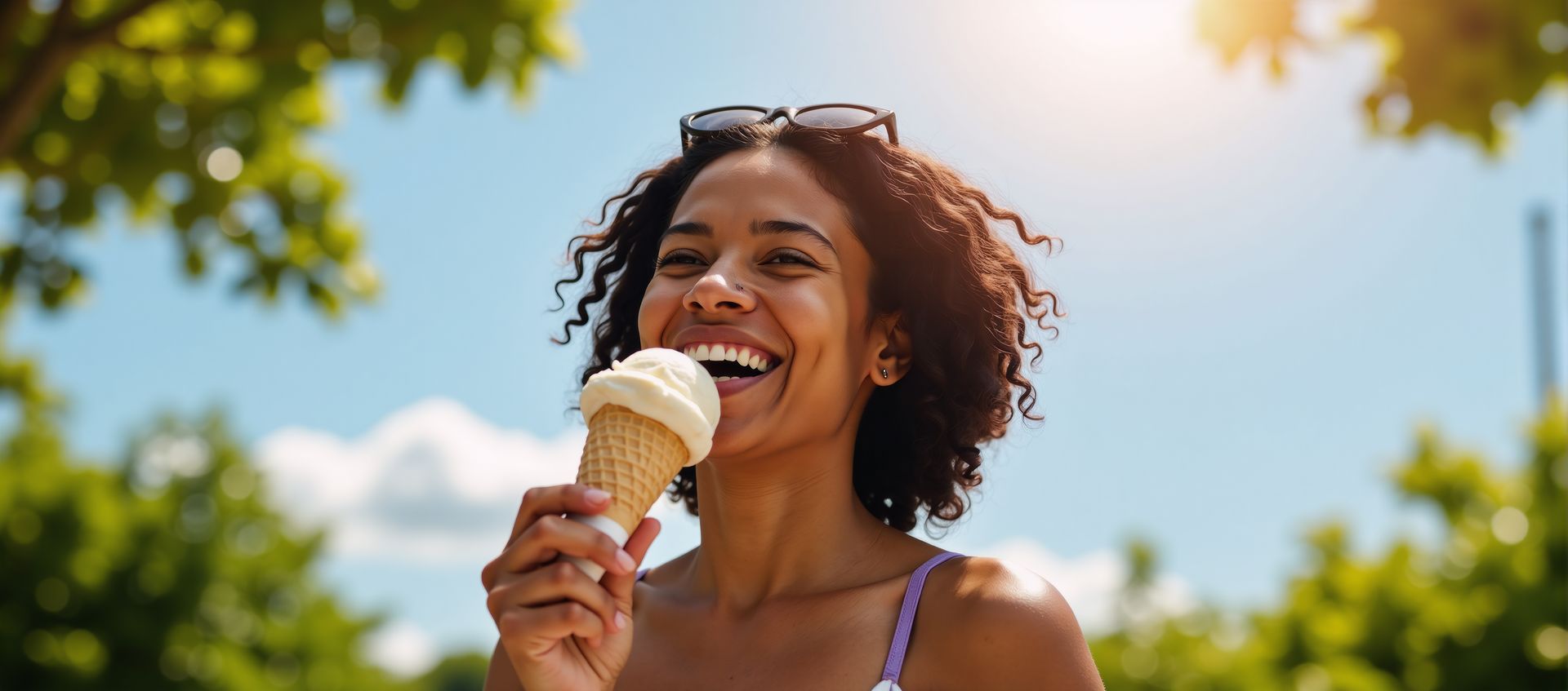 Girl laughing while eating ice cream outdoors