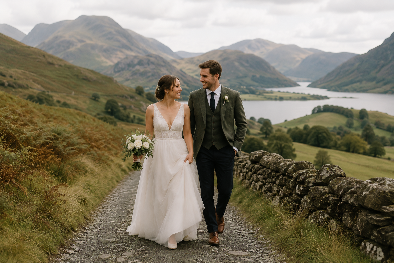 Bride and groom walking through Lake District countryside captured on cinematic wedding film in Cumb