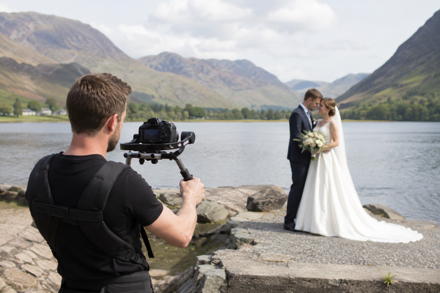 Wedding videographer filming couple on lakeside location in the Lake District Cumbria