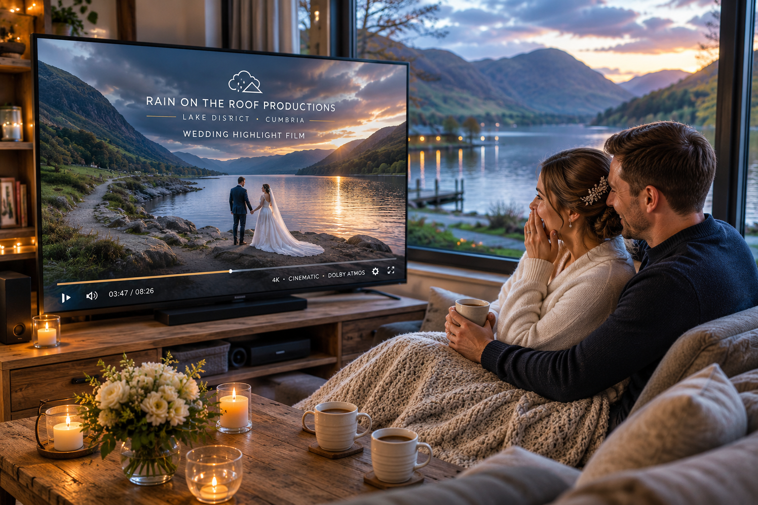 Couple watching back their cinematic wedding highlight film filmed in the Lake District by Rain on the Roof Productions