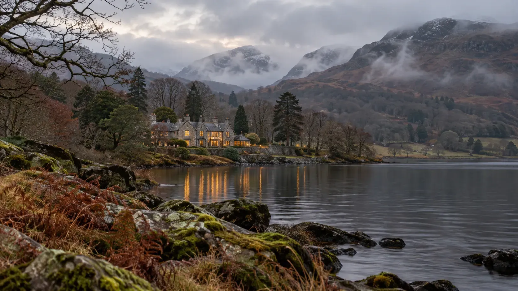 Illustrative misty winter lakeside setting in Cumbria with warm lights in a stone building