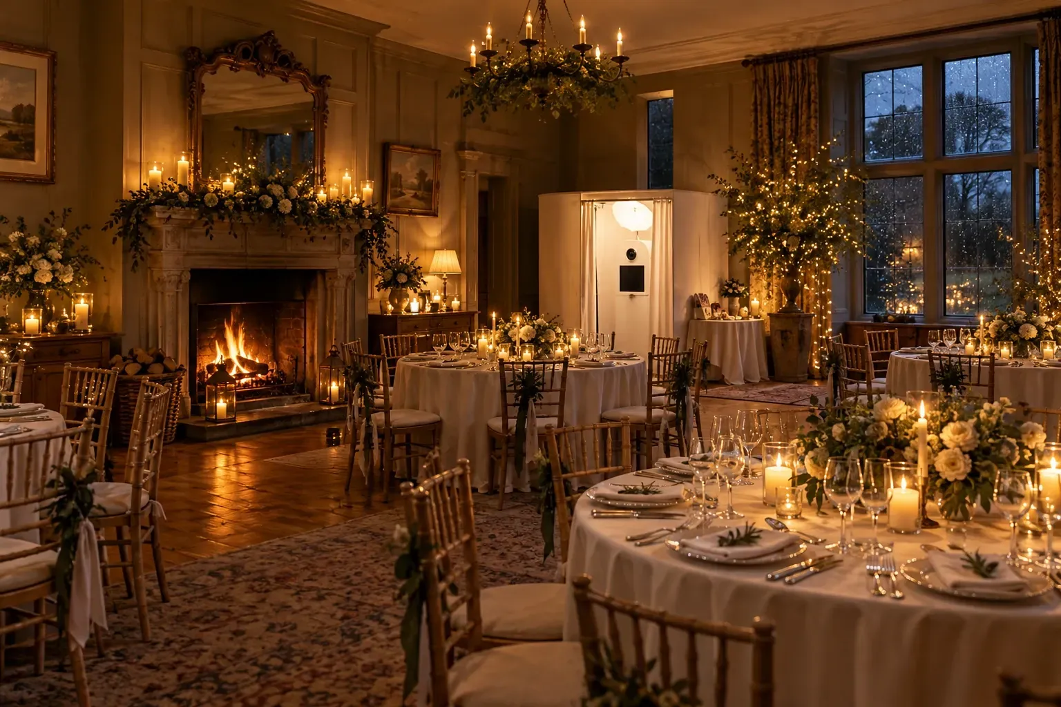 Illustrative candlelit winter wedding reception room with a photo booth and rain outside