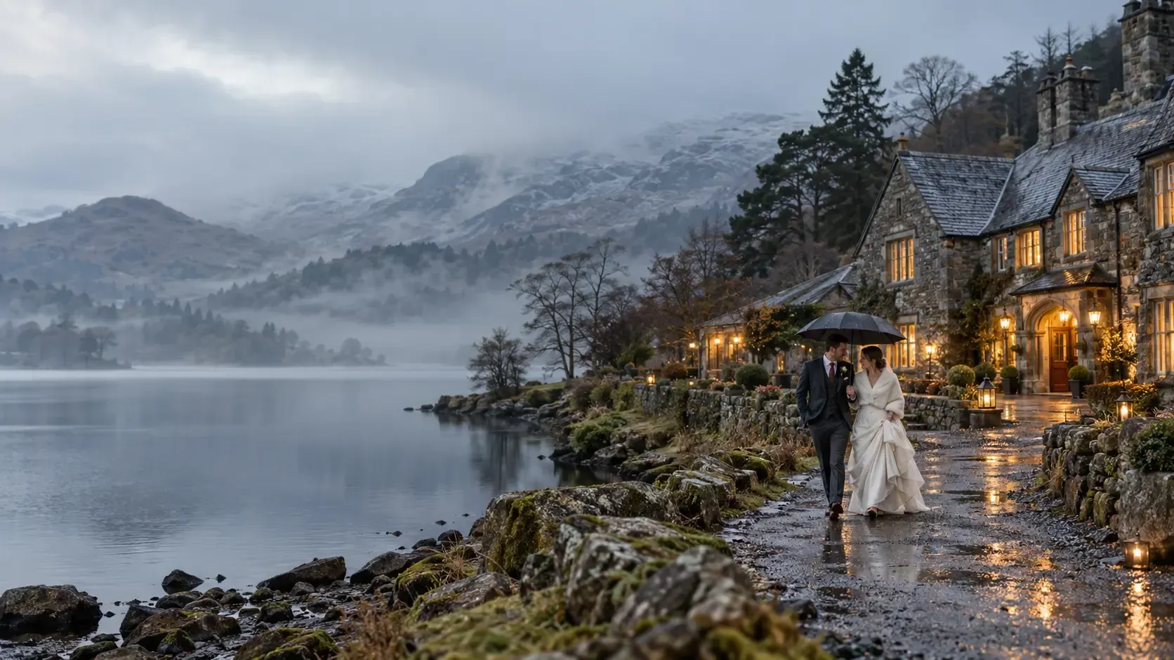 Newlyweds walk beside a misty Lake District lake near a warmly lit stone wedding venue.