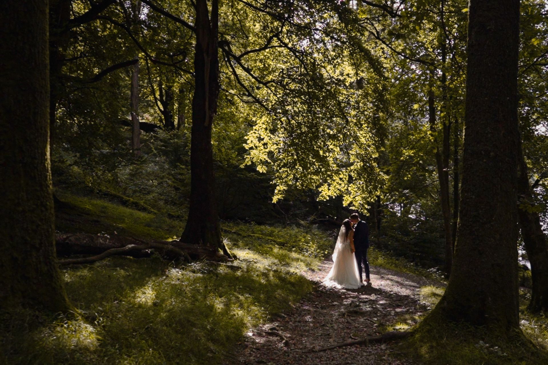Couple in the woods in Cumbria in formal attire walking along a sunlit forest path