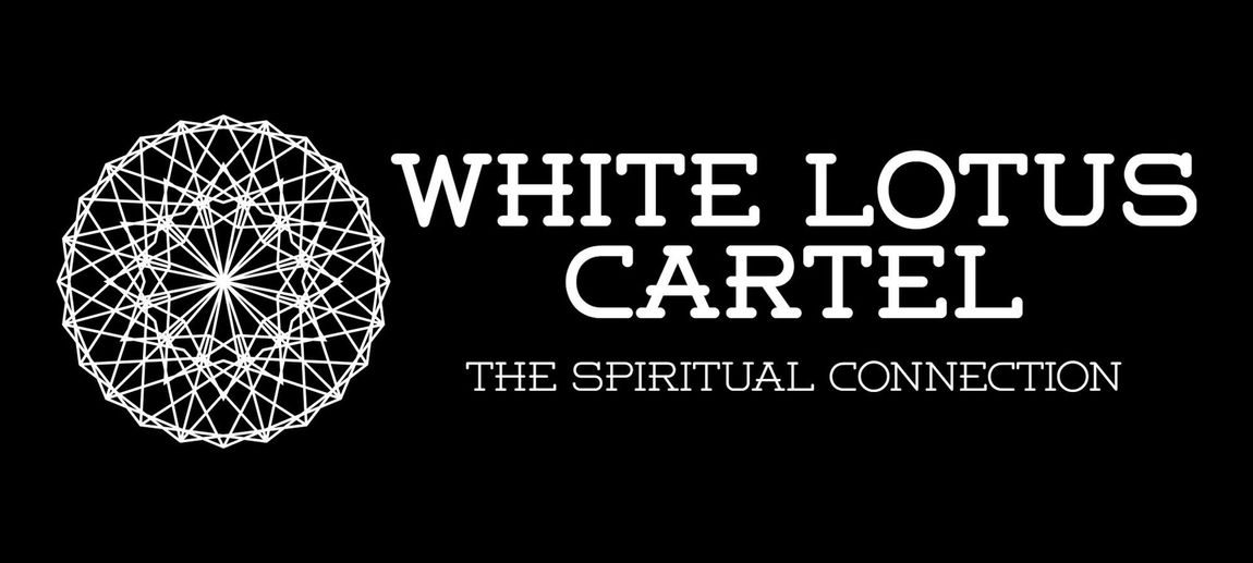 White Lotus Cartel logo with geometric white mandala and text on black background, subtitle “The Spiritual Connection”