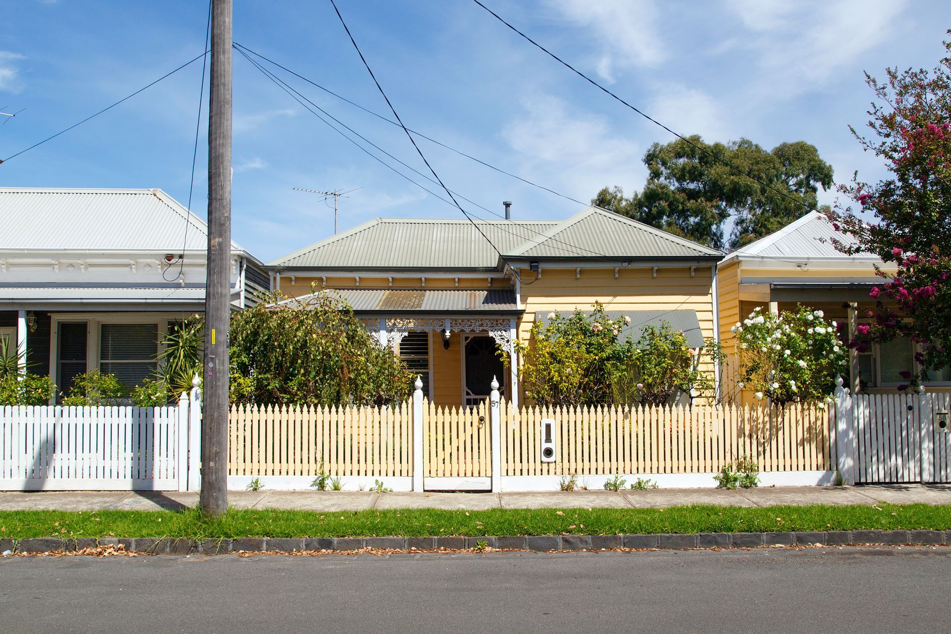 Single-story houses behind a white picket fence on a sunny suburban street