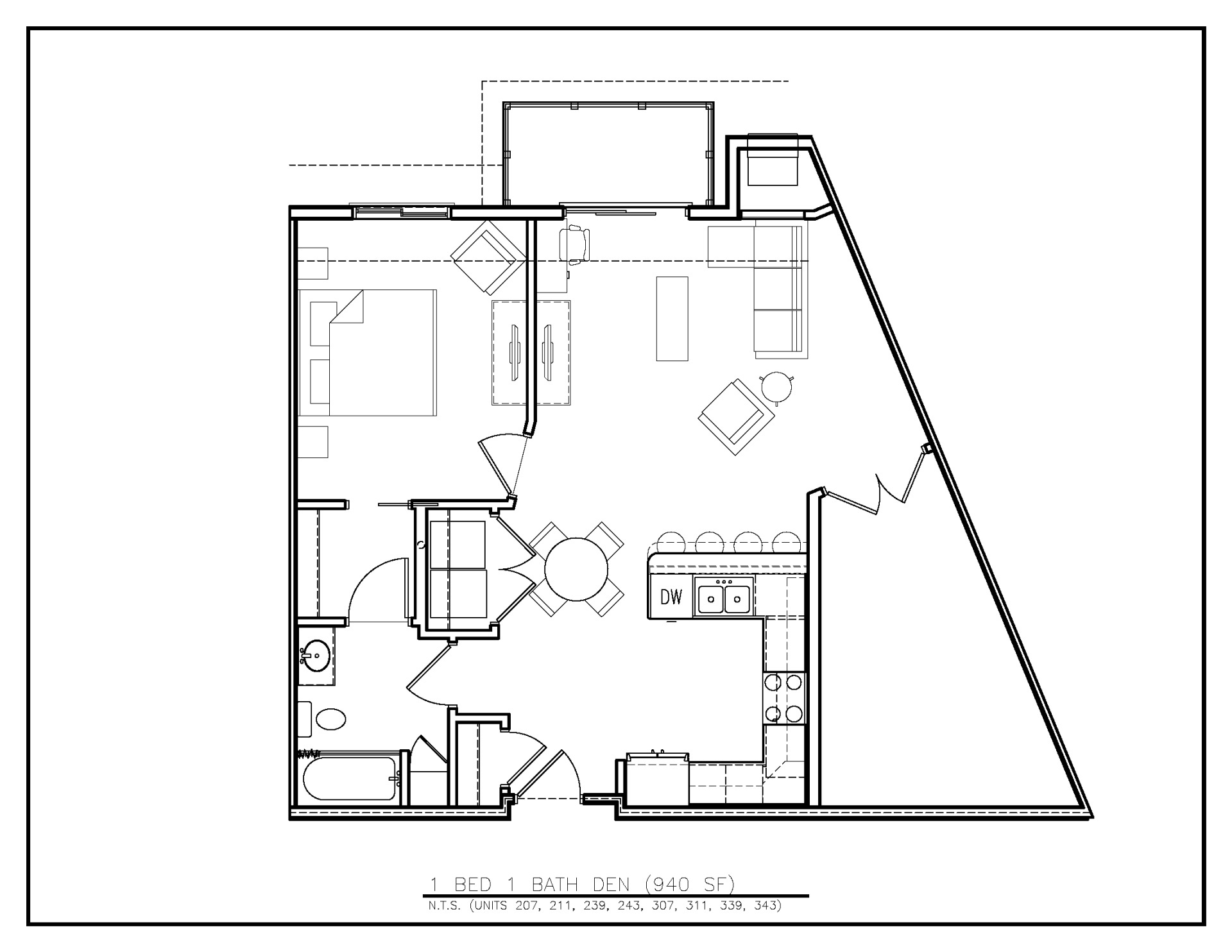 Floor Plan: 1 Bed · 1 Bath · Den · 940 SF