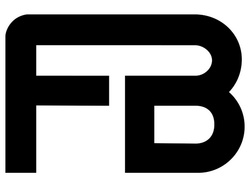 Black FB logo in bold block letters on a white background