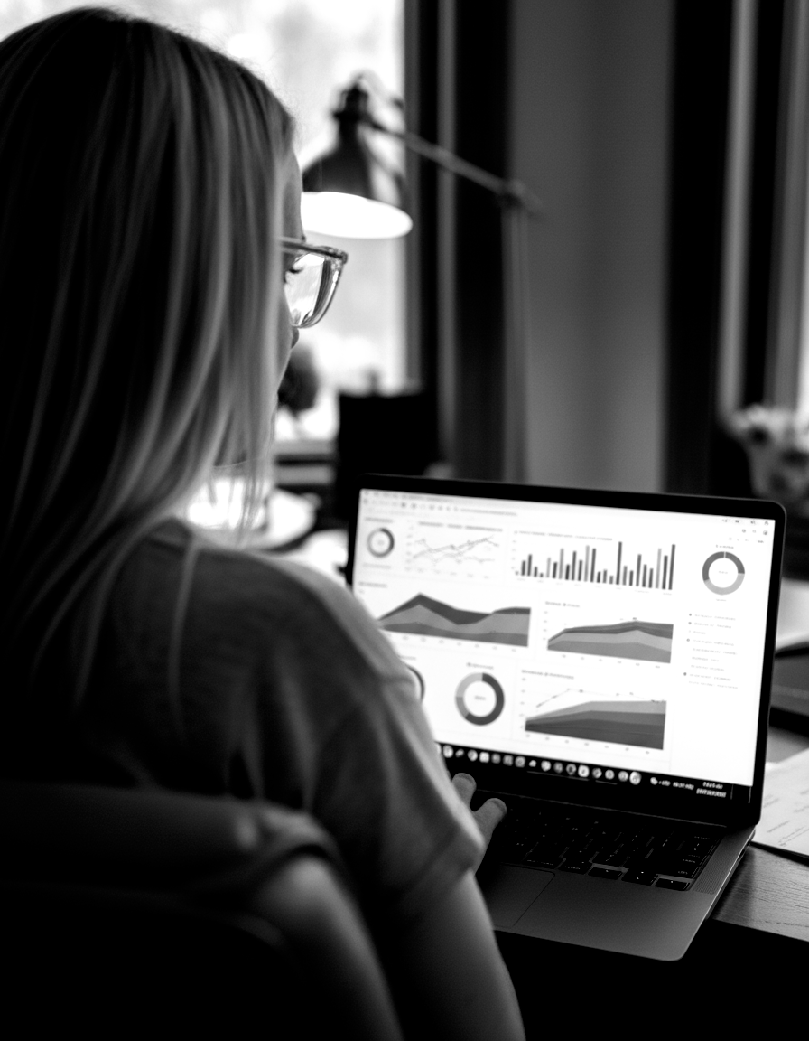 Person at laptop reviewing charts and graphs in a bright office