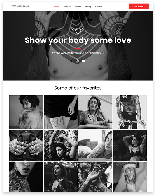 Website homepage with bold “Show your body some love” banner and a grid of black-and-white fitness photos