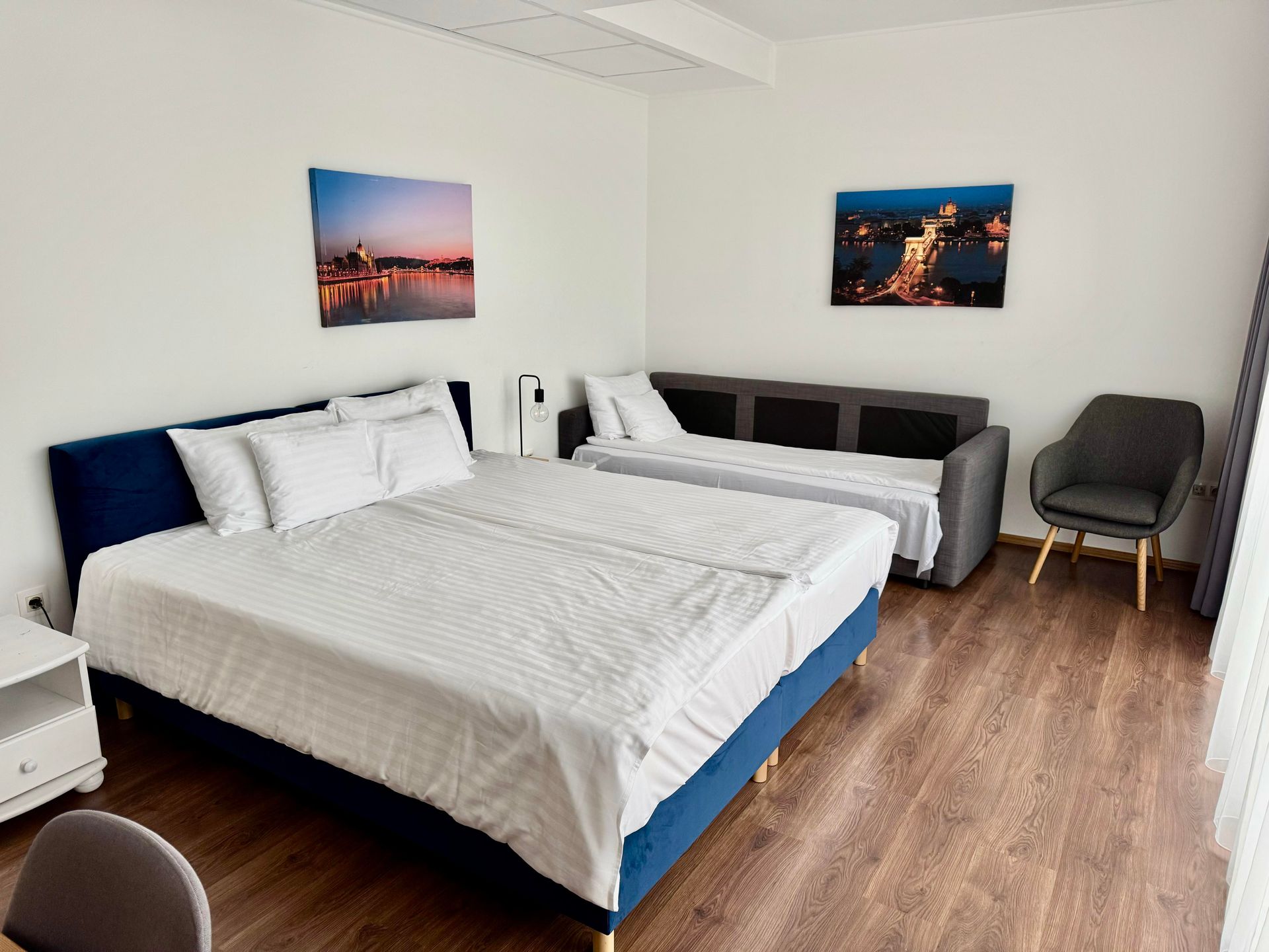 Bedroom with a blue bed, gray sofa, chair, two landscape photos, and wood flooring.