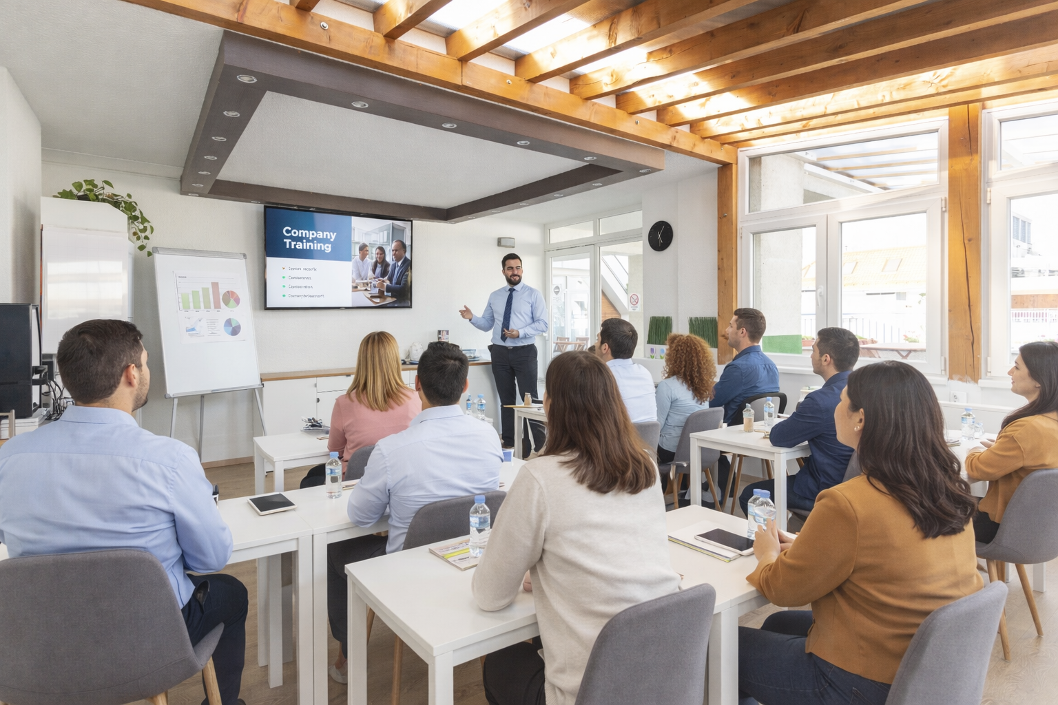 Instructor presenting to a group in a brightly lit classroom; presentation on screen.