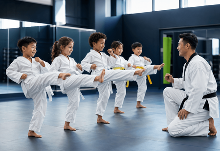  HWCTA Martial arts class in white uniforms practicing kicks with an instructor in a dojo