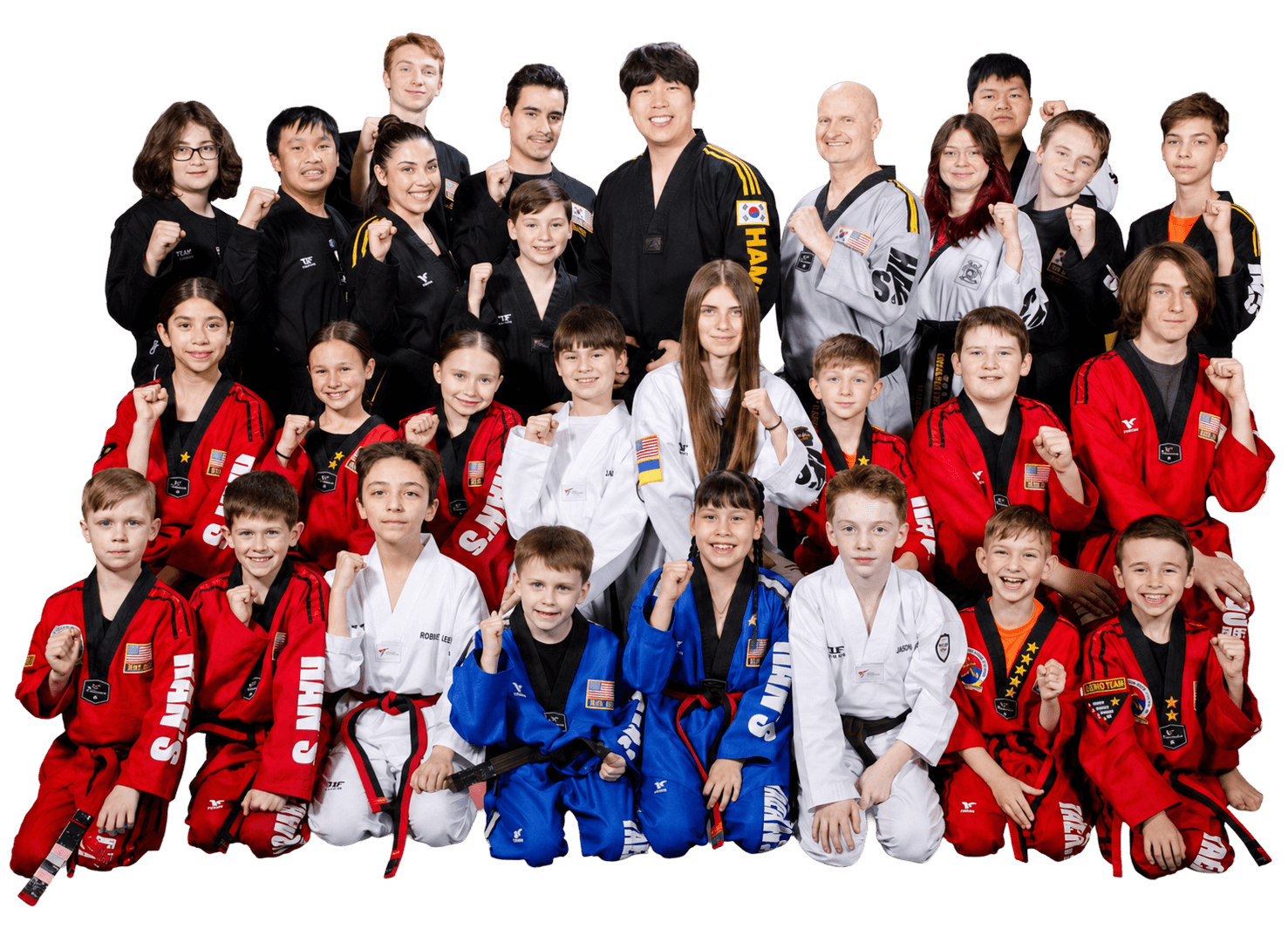 Group portrait of  HWCTA students and instructors in red, blue, and black uniforms posing together